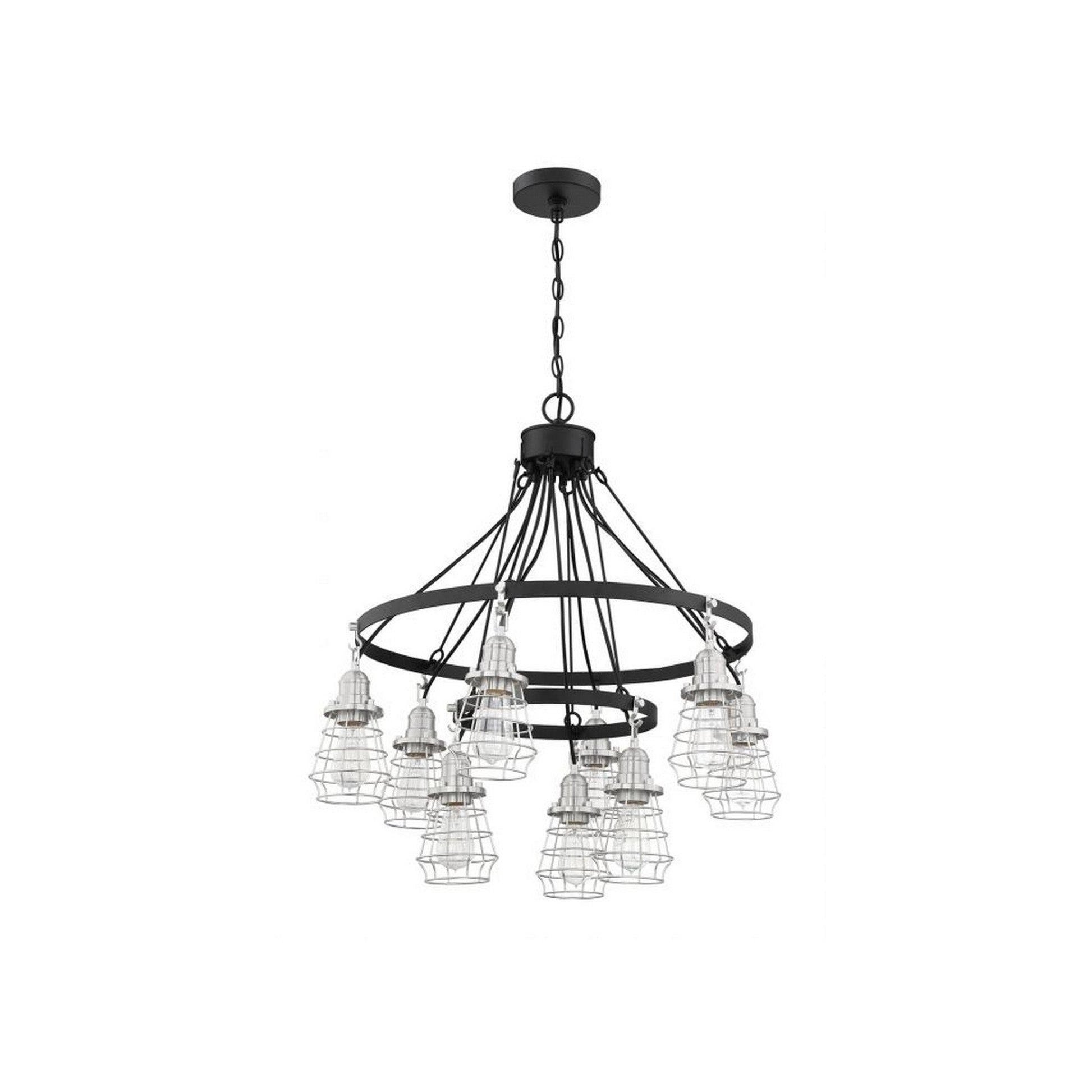 Craftmade Thatcher 30" 9-Light 2-Tier Flat Black Chandelier With Brushed Polished Nickel Metal Wire Shades