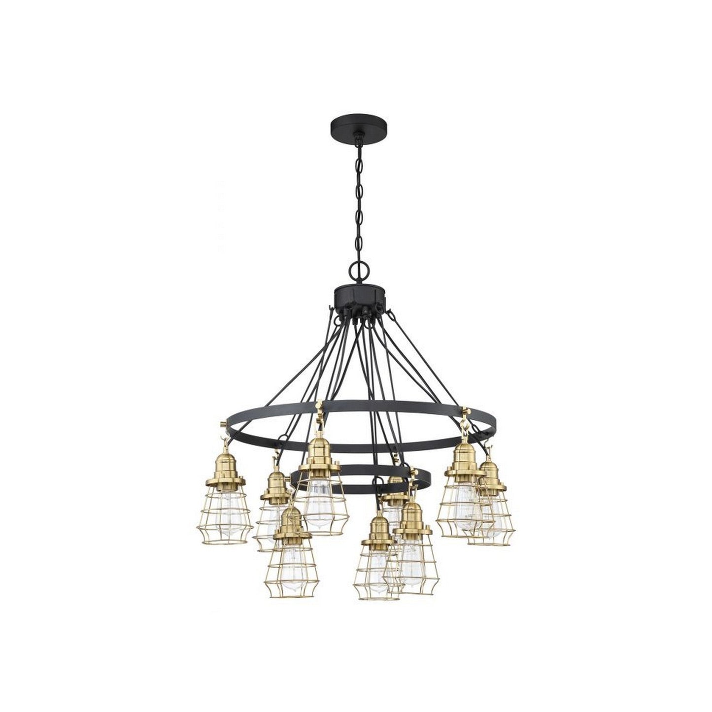 Craftmade Thatcher 30" 9-Light 2-Tier Flat Black Chandelier With Satin Brass Metal Wire Shades