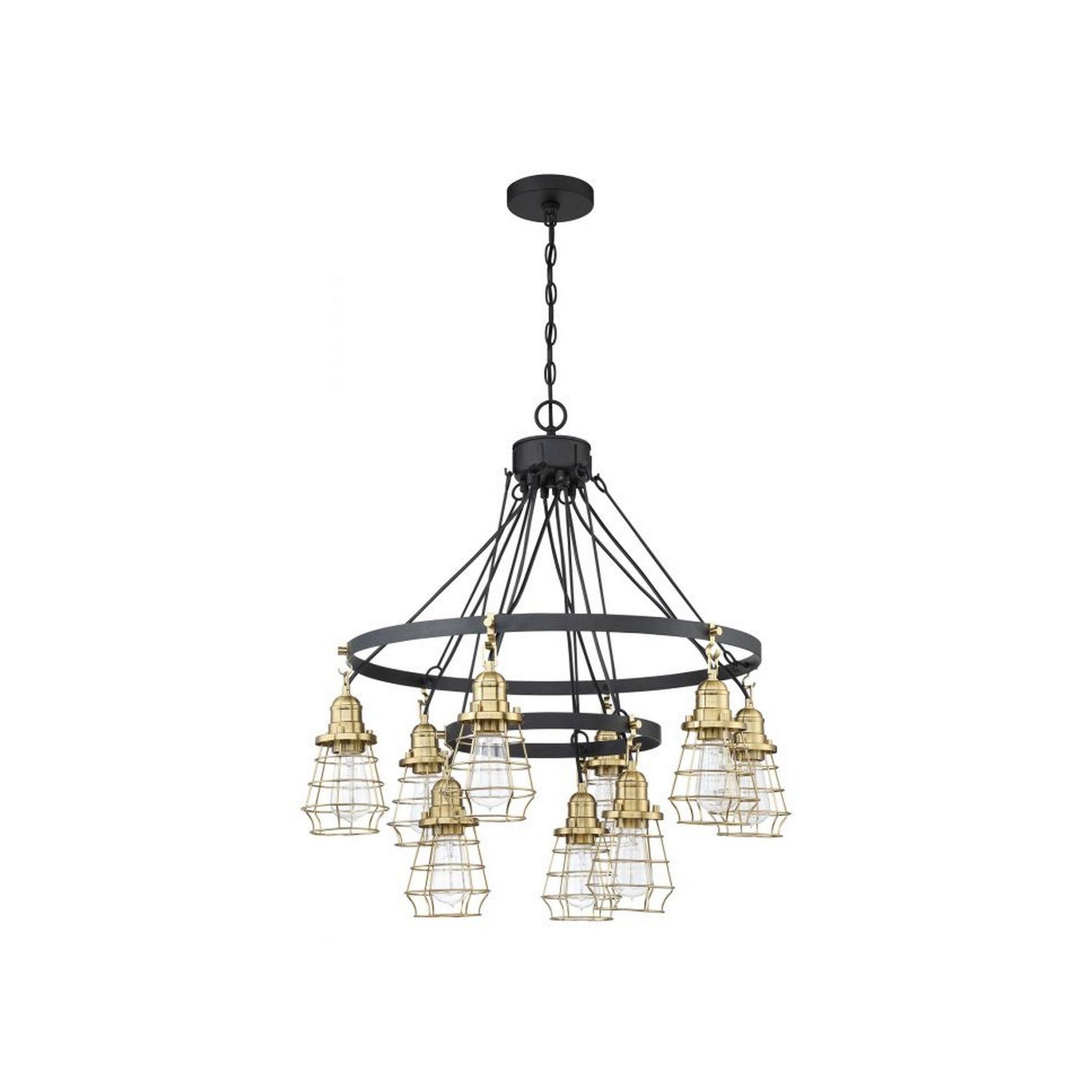 Craftmade Thatcher 30" 9-Light 2-Tier Flat Black Chandelier With Satin Brass Metal Wire Shades