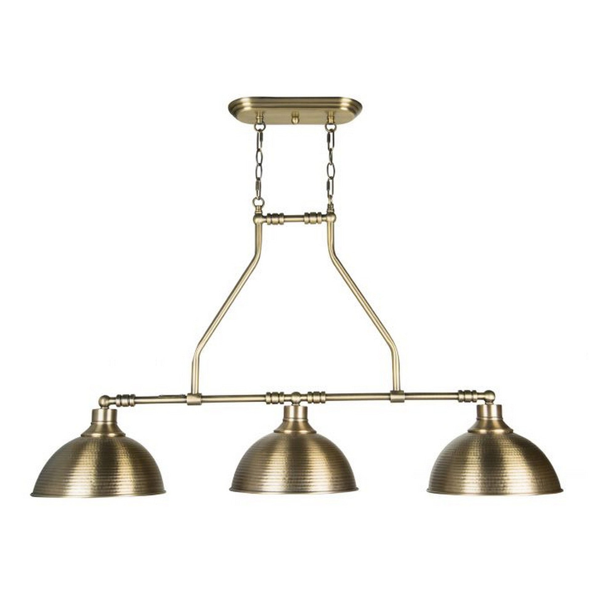 Craftmade Timarron 43" 3-Light Legacy Brass Kitchen Island Light With Hammered Metal Shades