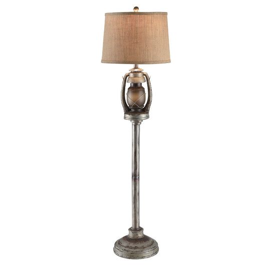 Crestview Collection 62" Rustic Resin Oil Lantern Floor Lamp In Antique Lantern Finish With Natural Fabric Hardback Burlap Shade And Night Light