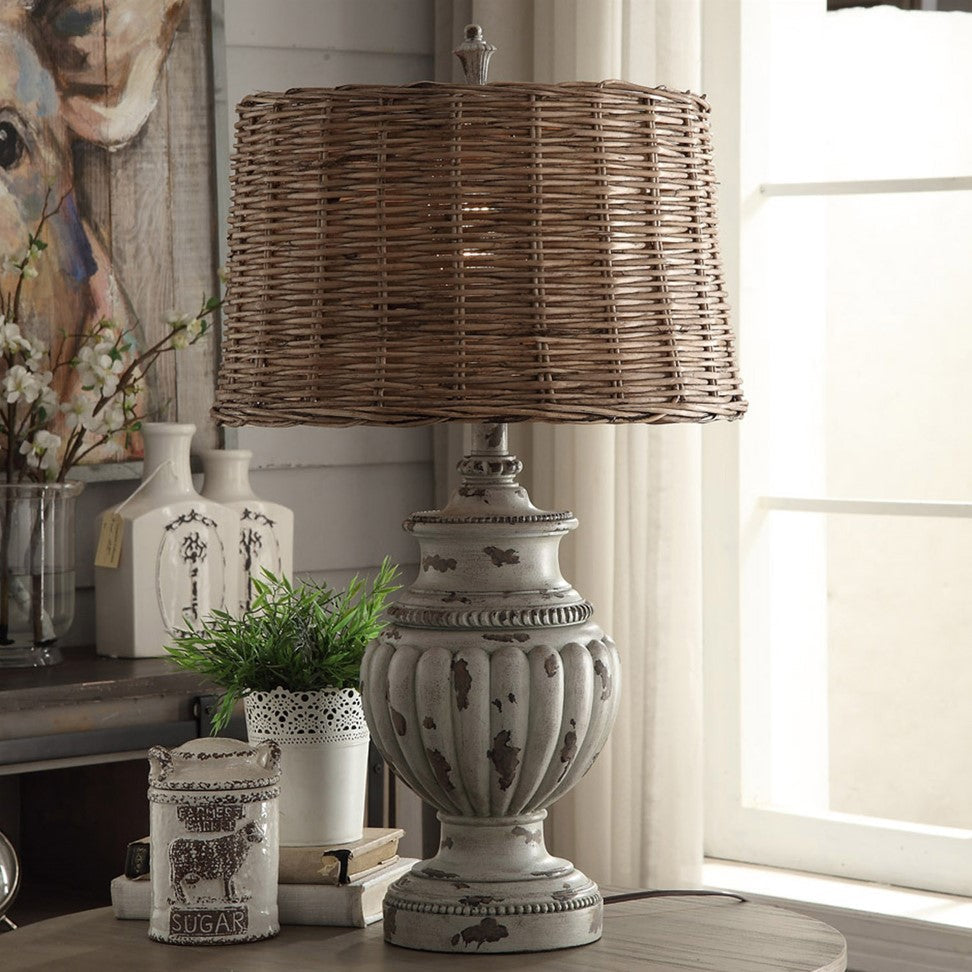 Crestview Collection Adeline 33" Rustic Resin Table Lamp In French Blue Finish With Natural Rattan Shade