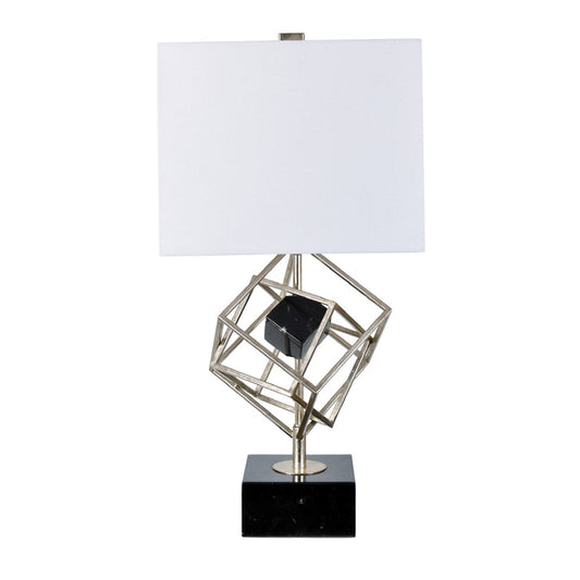 Crestview Collection Ashby 29" Modern Iron And Marble Gilded Interlocking Cubes Table Lamp In Silver Leaf And Black Marble Finish With Square White Linen Shade