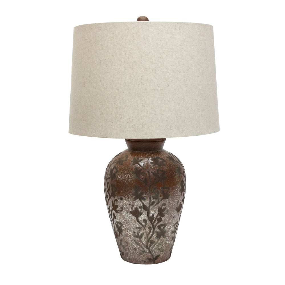 Crestview Collection Austin 31" Rustic Ceramic Table Lamp In Russet Colored Trailing Vine Pattern Finish With Natural Linen Tapered Drum Shade