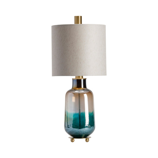 Crestview Collection Ava 33" Transitional Glass And Metal Table Lamp In Teal Iridescent And Antique Brass Finish With Cream Linen Shade