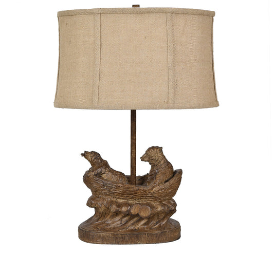 Crestview Collection Bear Expedition 25" Rustic Resin Table Lamp In Rustic Wood Finish With Burlap Shade