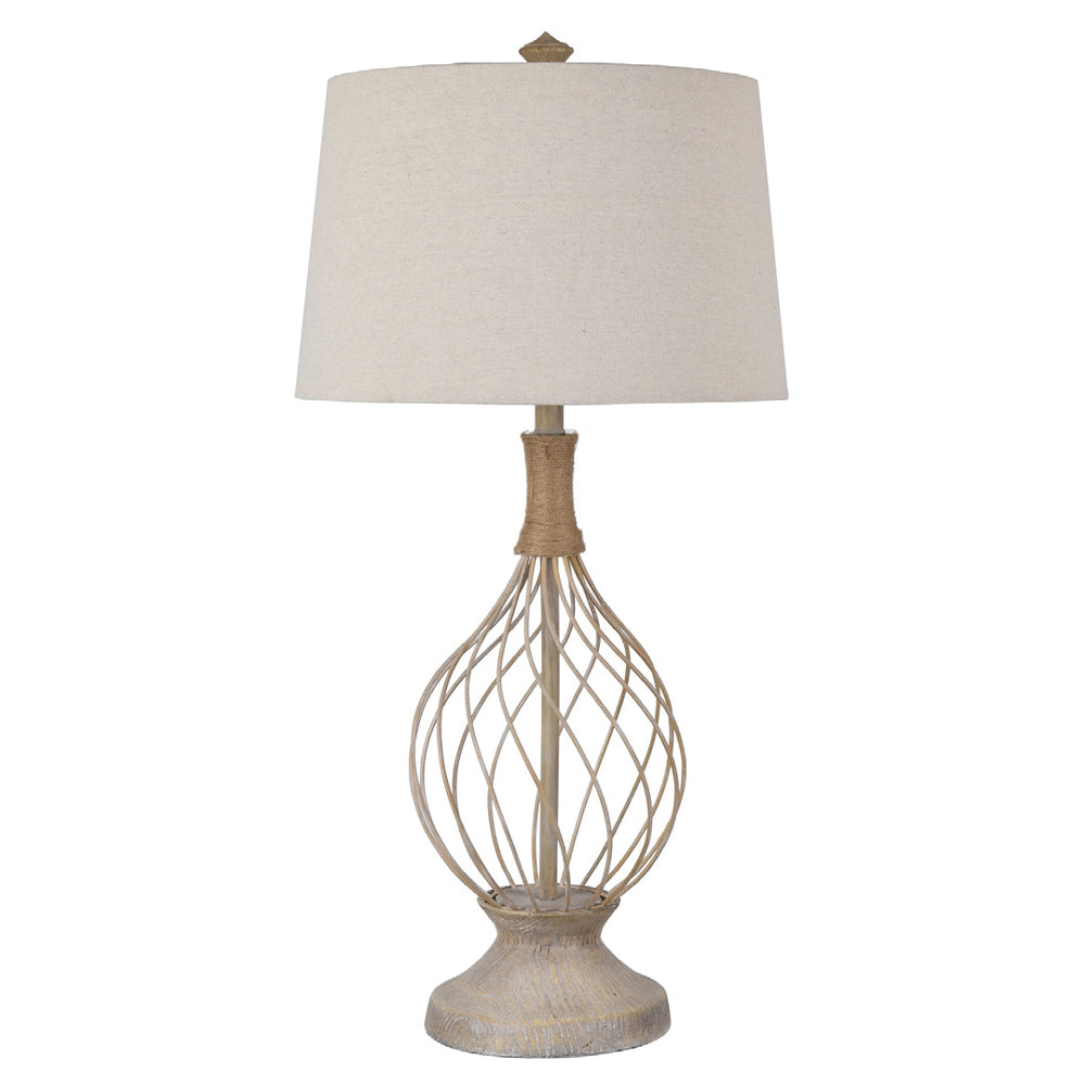 Crestview Collection Belle Rive 35" Coastal Iron Resin And Jute Teardrop Table Lamp In Bleached Wood And Jute Finish With Tapered Drum Natural Linen Shade