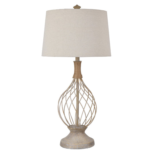 Crestview Collection Belle Rive 35" Coastal Iron Resin And Jute Teardrop Table Lamp In Bleached Wood And Jute Finish With Tapered Drum Natural Linen Shade