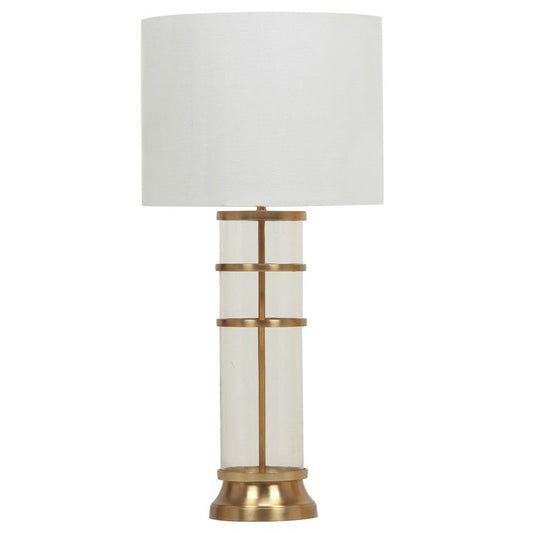 Crestview Collection Benning 29" Transitional Glass And Metal Cylinder Table Lamp In Antique Brass And Clear Finish With White Linen Drum Shade