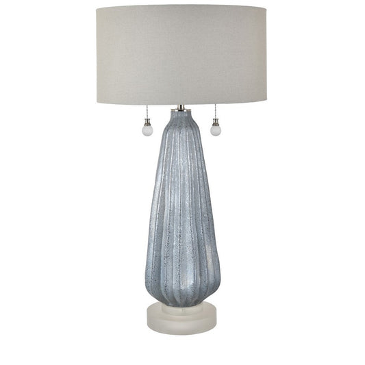 Crestview Collection Blakely 32" Transitional Glass And Crystal Twin Pull Chain Table Lamp In Icy Blue Carved Glass And Sandblasted Crystal Finish With Drum Silver Linen Shade