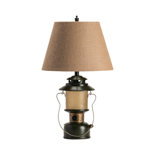 Crestview Collection Camp 28" Rustic Resin And Metal Lantern Lamp In Camp Green Finish With Burlap Shade And Nightlight - Set of 2 Lamps