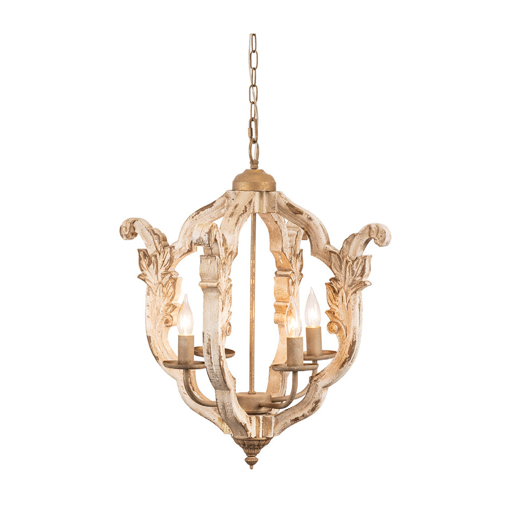 Crestview Collection Caprice 25" 4-Light Traditional Wood And Metal Pendant Lamp In White Washed Wood And Antique Metal Finish