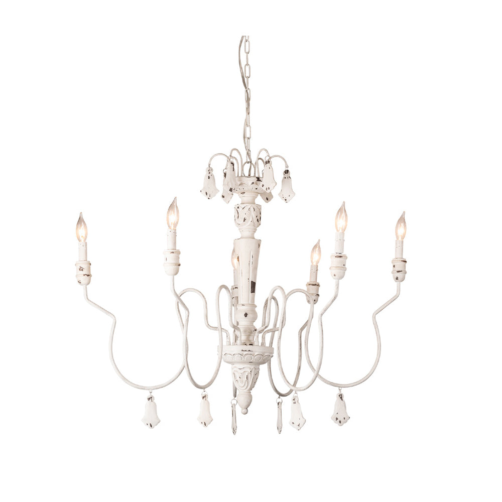 Crestview Collection Celeste 25" Traditional Iron And Wood Country French Chandelier In Distressed White Finish With Carved Wood Beads