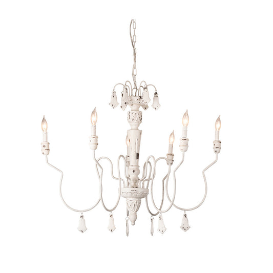 Crestview Collection Celeste 25" Traditional Iron And Wood Country French Chandelier In Distressed White Finish With Carved Wood Beads