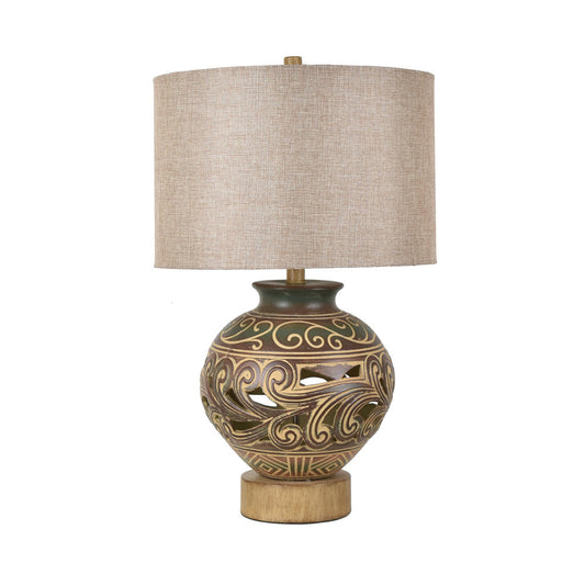 Crestview Collection Ceramic 25" Rustic Ceramic And Wood Table Lamp In Brown And Wood Finish With Beige Linen Shade