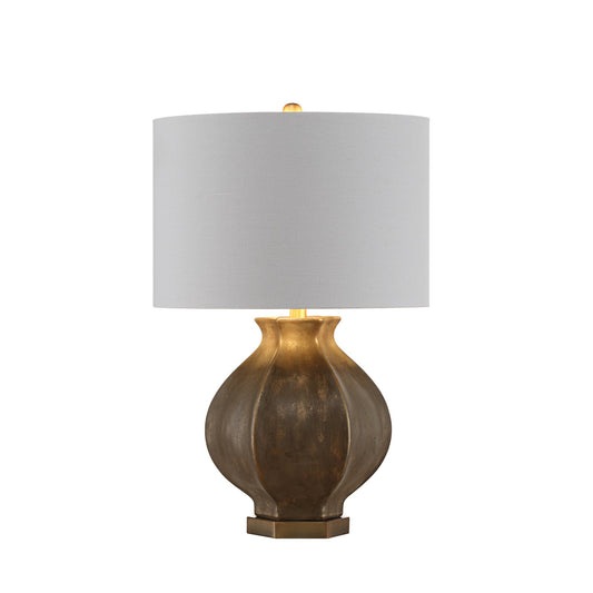 Crestview Collection Cooper 26" Traditional Concrete And Metal Table Lamp In Distressed Gold And Antique Brass Finish With Gold Lining White Linen Drum Shade