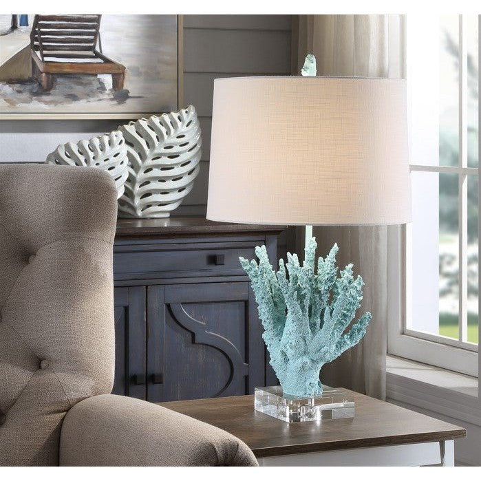 Crestview Collection Coral 25" Coral Resin And Crystal Table Lamp In Sea Blue And Crystal Finish With White Linen Shade