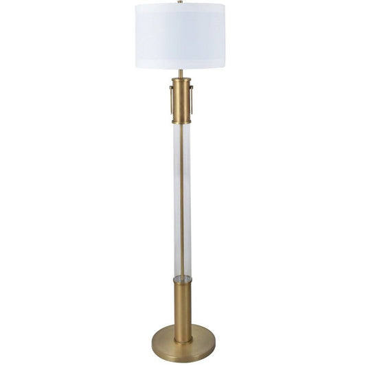 Crestview Collection Demille 63" Transitional Iron And Glass Column Floor Lamp In Antique Brass And Clear Glass Finish With Drum White Linen Shade