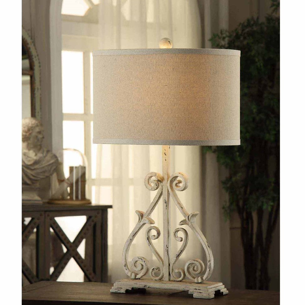 Crestview Collection Dunbar 28" Rustic Metal Table Lamp In Antique White Finish With Natural Linen Shade