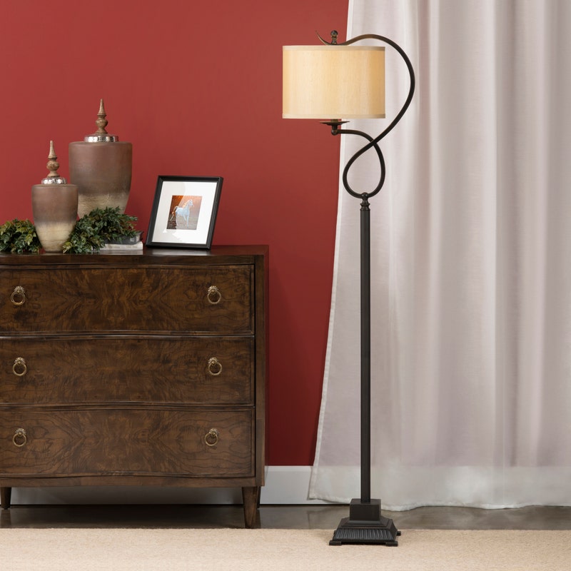 Crestview Collection Echo 61" Traditional Metal Floor Lamp In Bronze Finish With Beige Hardback Fabric Drum Shade