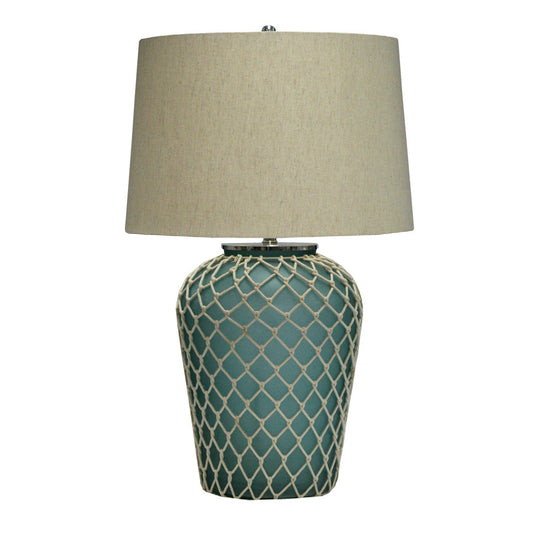 Crestview Collection Frazier 30" Coastal Glass Table Lamp In Rope Wrapped Aqua Finish With Natural Linen Shade