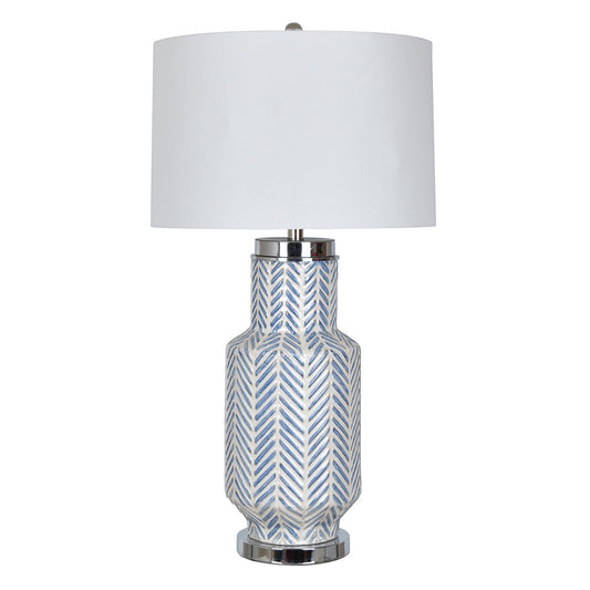Crestview Collection Fullbright 34" Transitional Ceramic And Metal Table Lamp In Blue White And Chrome Finish With White Linen Shade