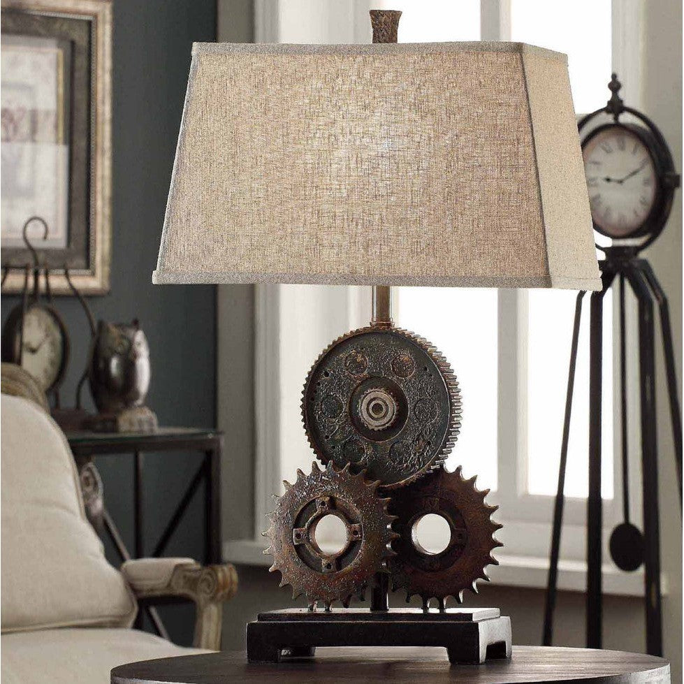 Crestview Collection Gears 29" Rustic Resin Table Lamp In Antique Metal Finish With Natural Linen Shade