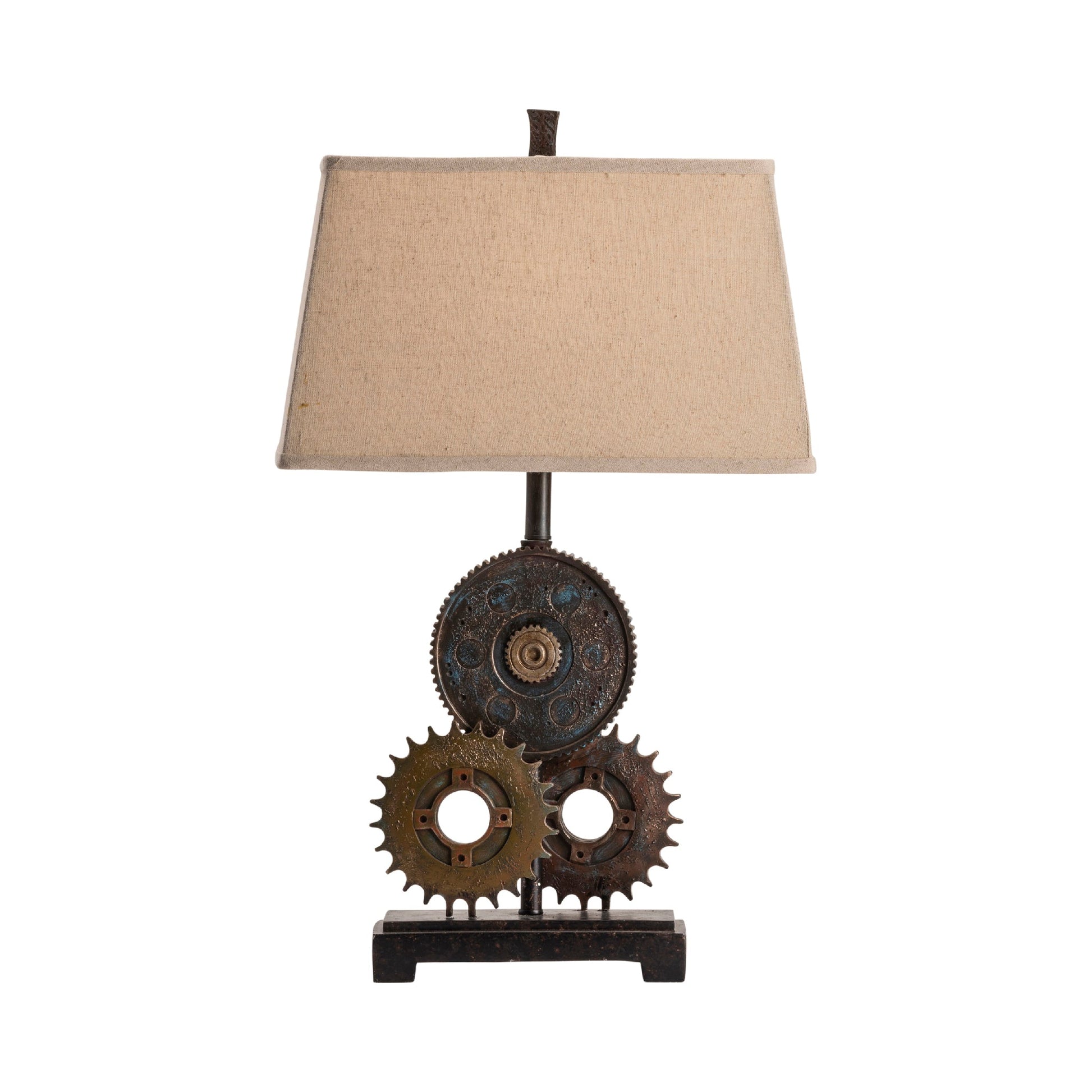 Crestview Collection Gears 29" Rustic Resin Table Lamp In Antique Metal Finish With Natural Linen Shade