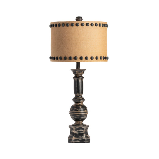 Crestview Collection Iron Baluster 32" Rustic Resin Table Lamp In Antique Iron Finish With Burlap Shade With Nailhead Trim