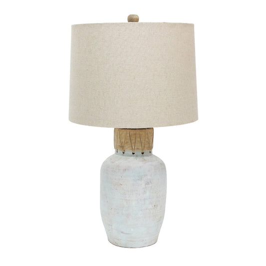 Crestview Collection Isla Cane 34" Coastal Ceramic And Cane Table Lamp In White Wash And Cane Finish With Natural Linen Tapered Drum Shade
