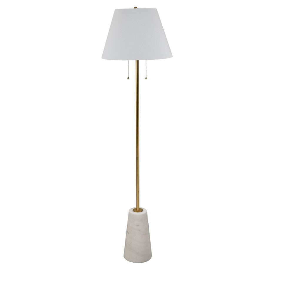 Crestview Collection Jax 62" Modern Marble And Metal Pyramid Floor Lamp In White Marble And Honey Brass Finish With Gold Foil Lining White Linen Tapered Shade