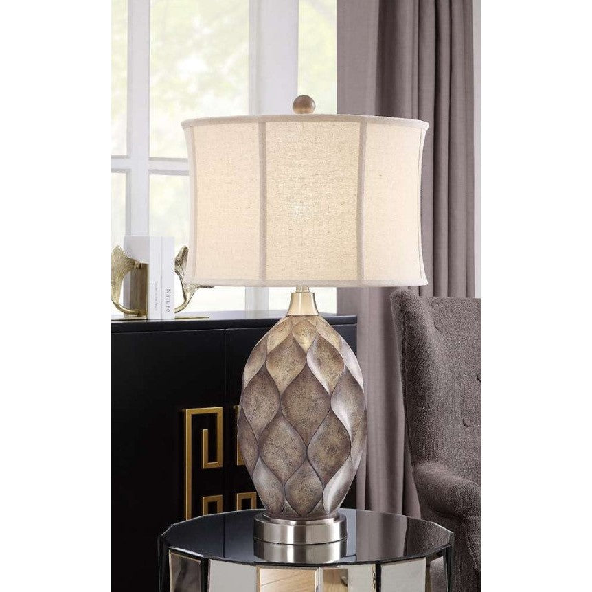 Crestview Collection Kimball 34" Transitional Resin And Metal Table Lamp In Carved Wood And Brushed Nickel Finish With Oatmeal Linen Shade