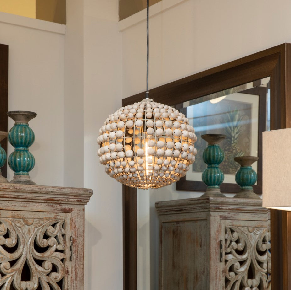 Crestview Collection Lauren 12" Traditional Wood And Metal Pendant Lamp In White Washed Wood And Grey Washed Metal Finish