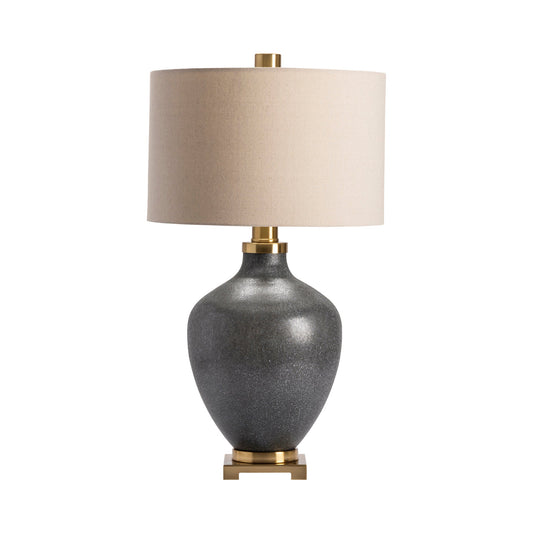 Crestview Collection Liam 34" Traditional Glass And Metal Table Lamp In Black Pitted And Soft Brass Finish With Oatmeal Linen Shade