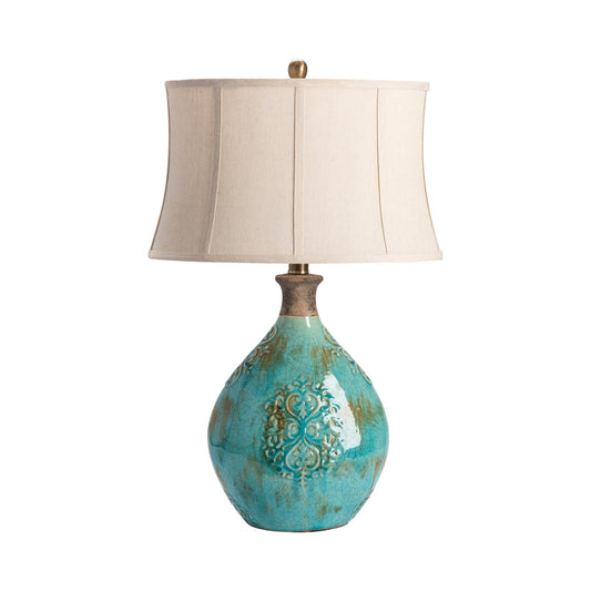 Crestview Collection Linnet 30" Rustic Ceramic Table Lamp In Azure Blue Finish With White Fabric Oval Shade