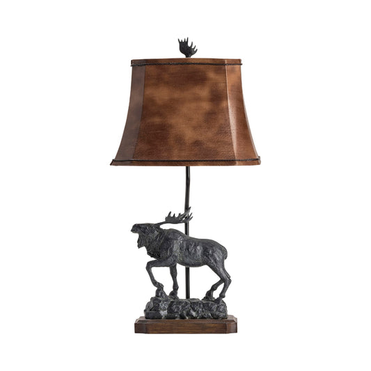 Crestview Collection Majestic 32" Rustic Resin Table Lamp In Verdi Bronze And Wood Finish With Aged Faux Leather Shade