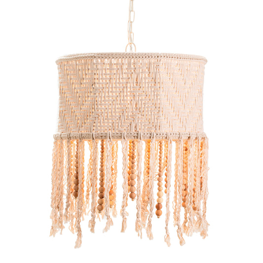 Crestview Collection Marley 10" Coastal Macreme And Wooden Beads Pendant Lamp In Ivory And Wood Finish