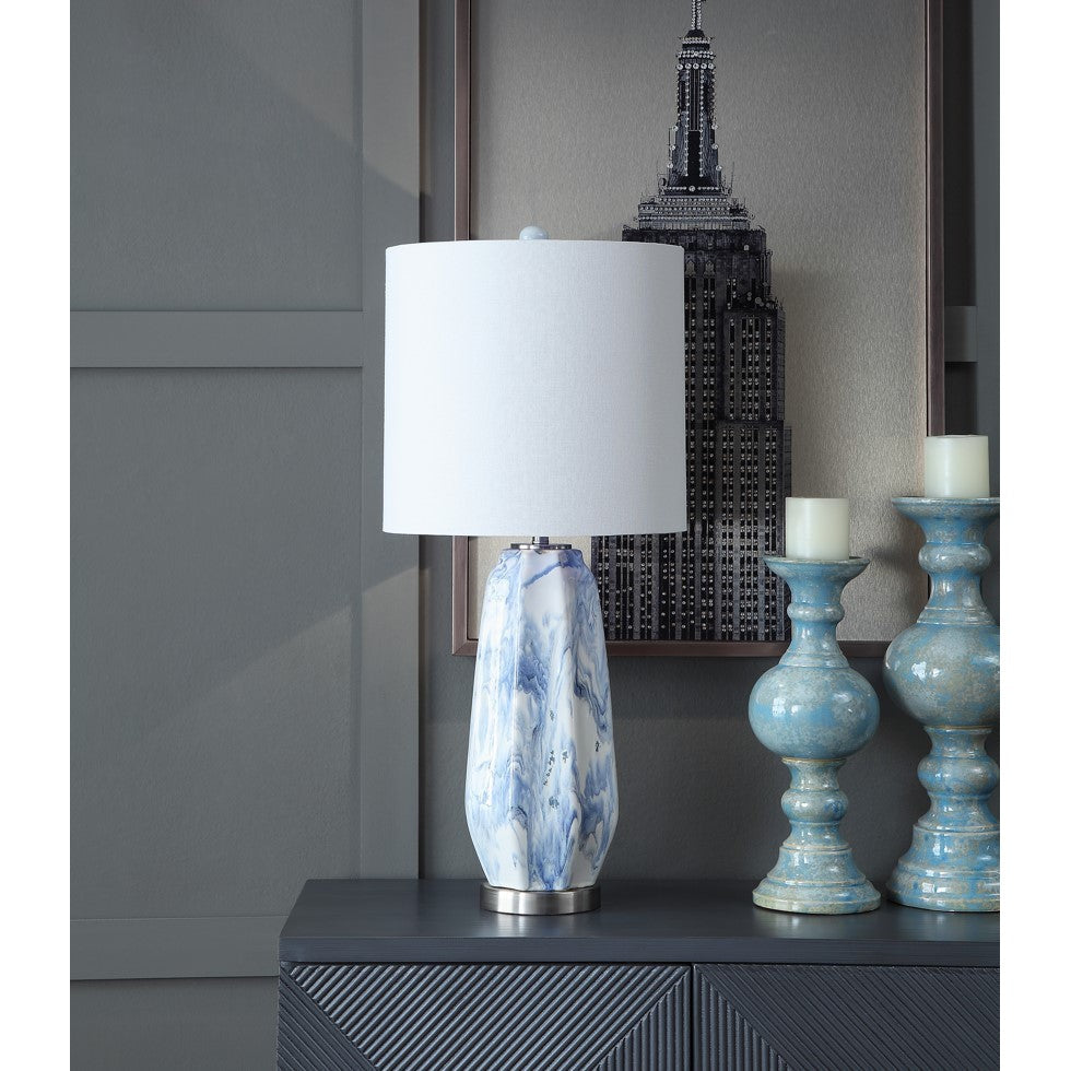Crestview Collection Marley 32" Transitional Ceramic And Metal Table Lamp In Hand Painted Blue White And Brushed Nickel Finish With White Linen Cylinder Shade