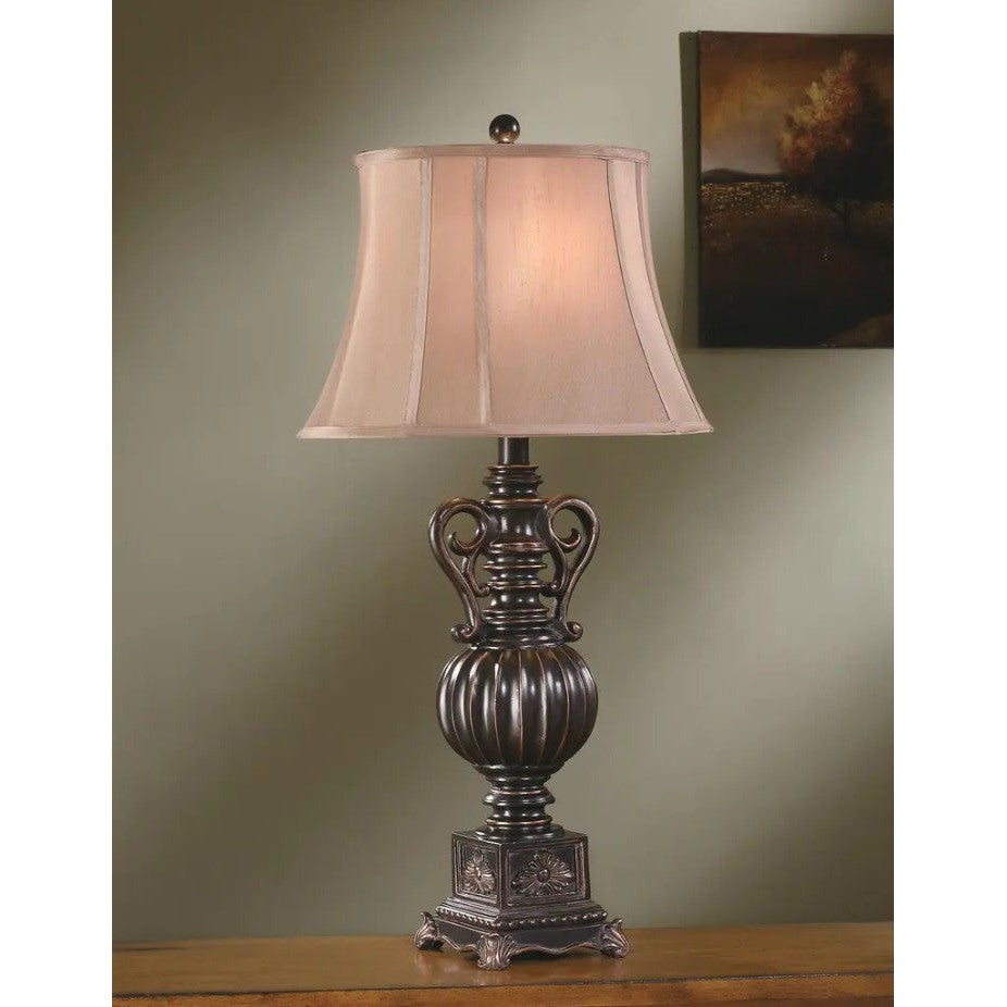 Crestview Collection Moira 34" Traditional Resin Table Lamp In Black Bronze Finish With Oval Cut Beige Silk Fabric Corner Shade