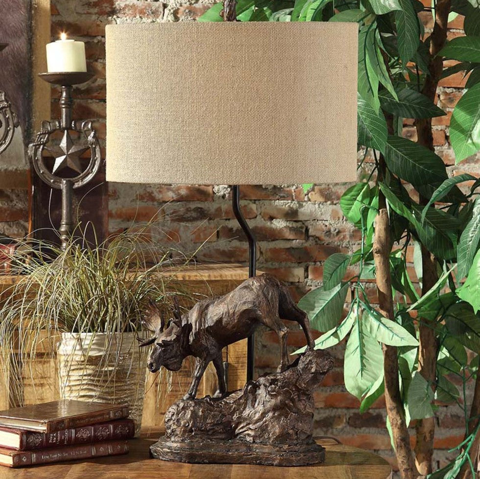 Crestview Collection Moose Trail 30" Rustic Resin Table Lamp In Antique Bronze Finish With Oval Burlap Shade