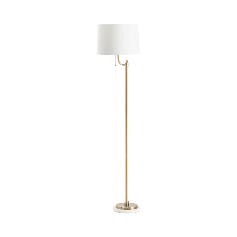 Crestview Collection Nash 66" Transitional Metal And Marble Floor Lamp In Honey Brass And White Marble Finish With Off White Linen Tapered Shade