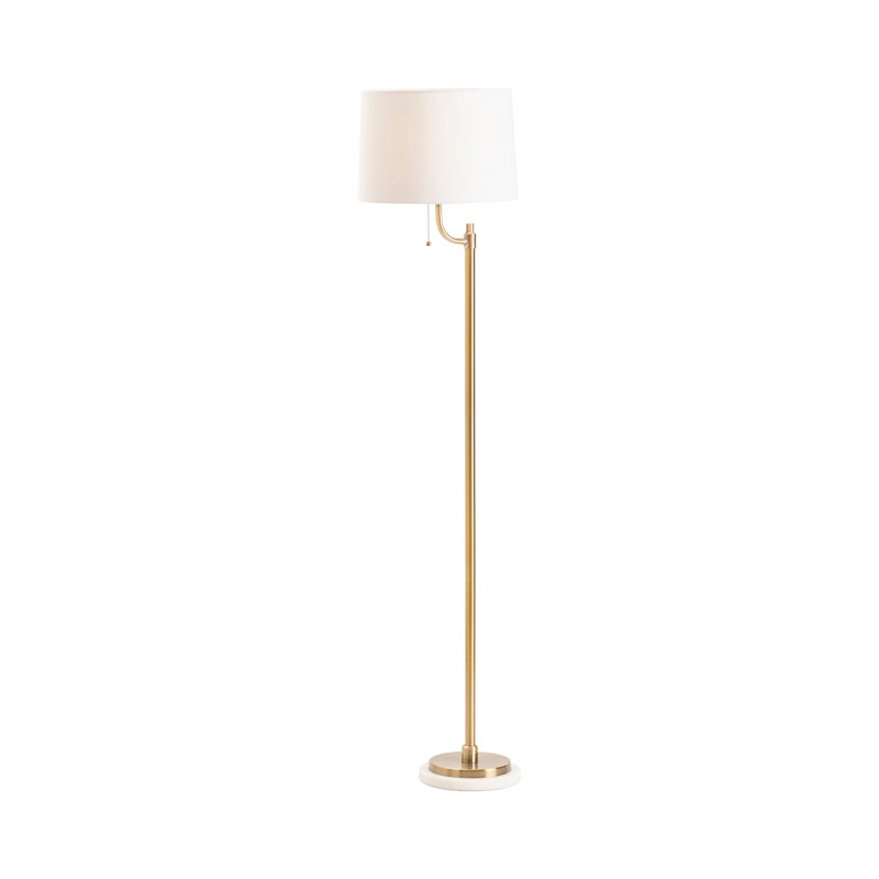 Crestview Collection Nash 66" Transitional Metal And Marble Floor Lamp In Honey Brass And White Marble Finish With Off White Linen Tapered Shade