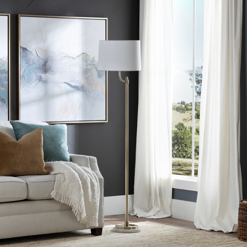 Crestview Collection Nash 66" Transitional Metal And Marble Floor Lamp In Honey Brass And White Marble Finish With Off White Linen Tapered Shade