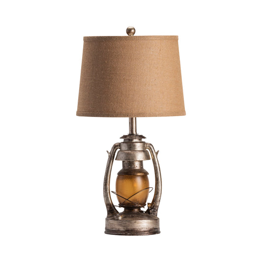 Crestview Collection Oil Lantern 27" Rustic Resin Table Lamp In Antique Lantern Finish With Natural Burlap Fabric Hardback Shade And Night Light