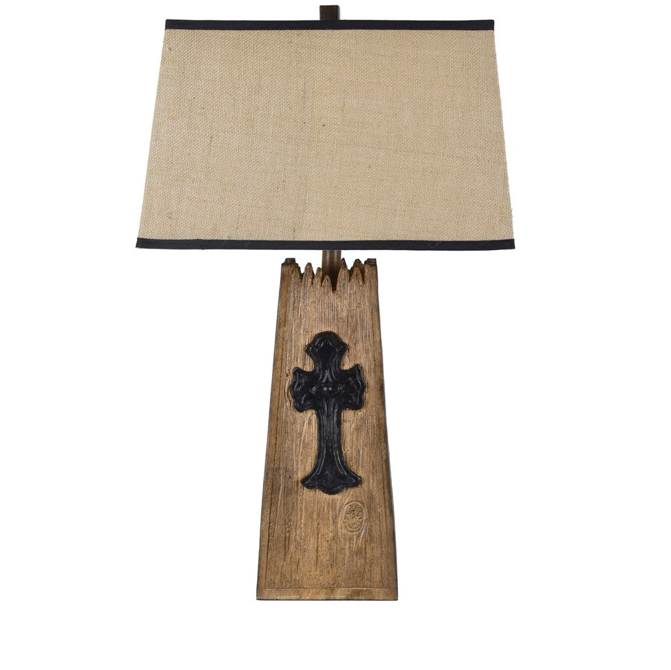 Crestview Collection Old Cross 30" Rustic Resin Table Lamp In Natural Wood And Black Iron Finish With Burlap Shade