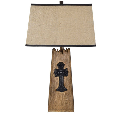 Crestview Collection Old Cross 30" Rustic Resin Table Lamp In Natural Wood And Black Iron Finish With Burlap Shade