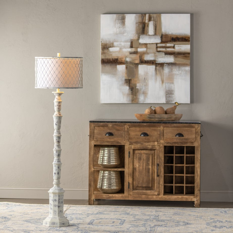 Crestview Collection Para 61" Traditional Resin And Metal Floor Lamp In White Wash Finish With Metal Mesh And Burlap Shade