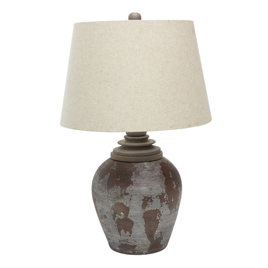 Crestview Collection Paulo 30" Rustic Ceramic And Wood Table Lamp In Stonewashed And Natural Wood Finish With Natural Linen Tapered Drum Shade With Wood Cap