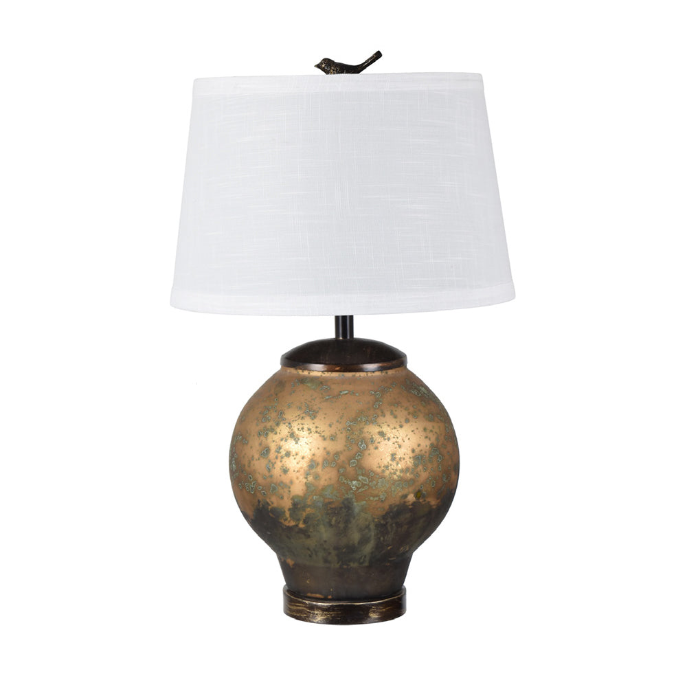 Crestview Collection Pimm 29" Traditional Glass Iron And Aluminum Table Lamp In Antique Amber And Bronze Finish With White Linen Shade With Bird Finial