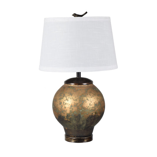 Crestview Collection Pimm 29" Traditional Glass Iron And Aluminum Table Lamp In Antique Amber And Bronze Finish With White Linen Shade With Bird Finial